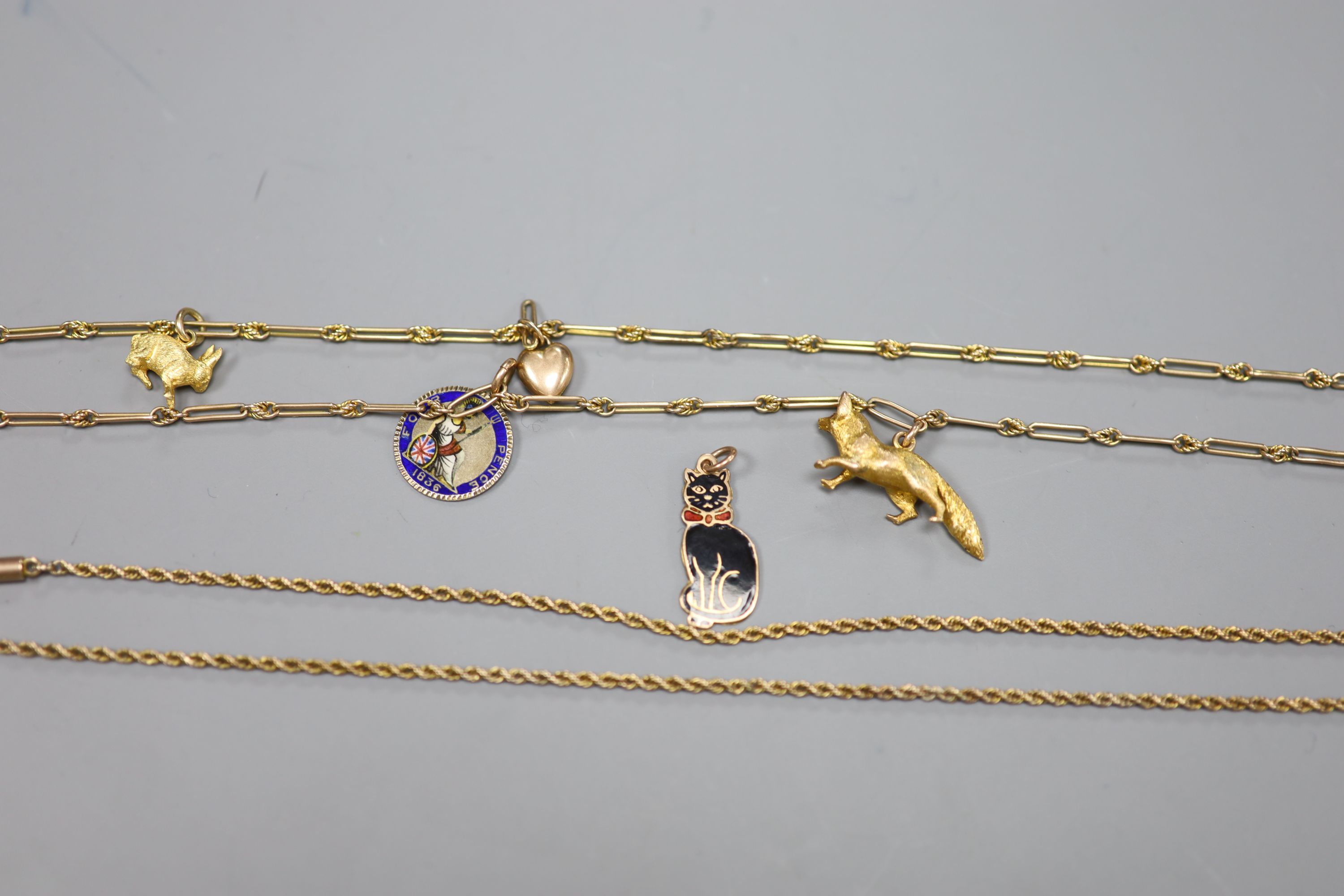 2 x 9ct necklaces, one hung with five assorted charms, gross 19.6 grams.